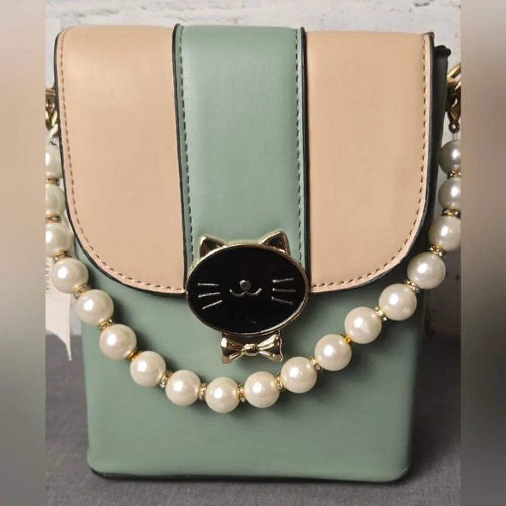 Chic Cat Design Green and Cream Crossbody / Handbag